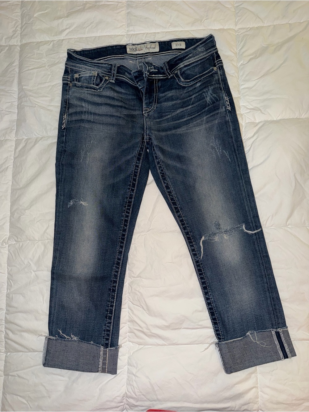 BKE Women's Rolled Cuff Distressed Indigo Boyfriend Jeans